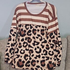 Southern Stitch Mixed-Print Brown and Cream Long-Sleeve Women’s Top